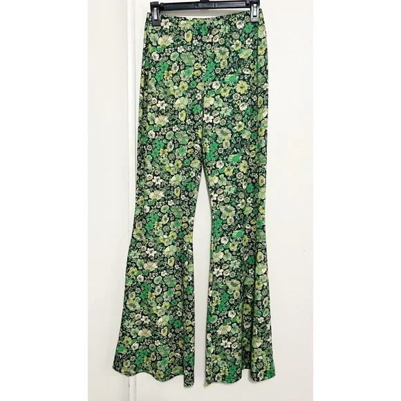 Zara Green Retro Floral Flare Leggings M - Picture 2 of 7